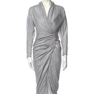 Rhea Costa Silver Sparkle V-Neck Midi Dress | Size 40 (US 4-6) | NWT